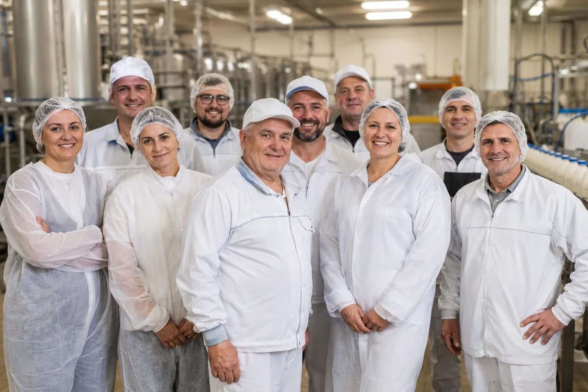 Mitarbeitende einer Molkerei stehen gemeinsam in weißer Arbeitskleidung vor der Produktion