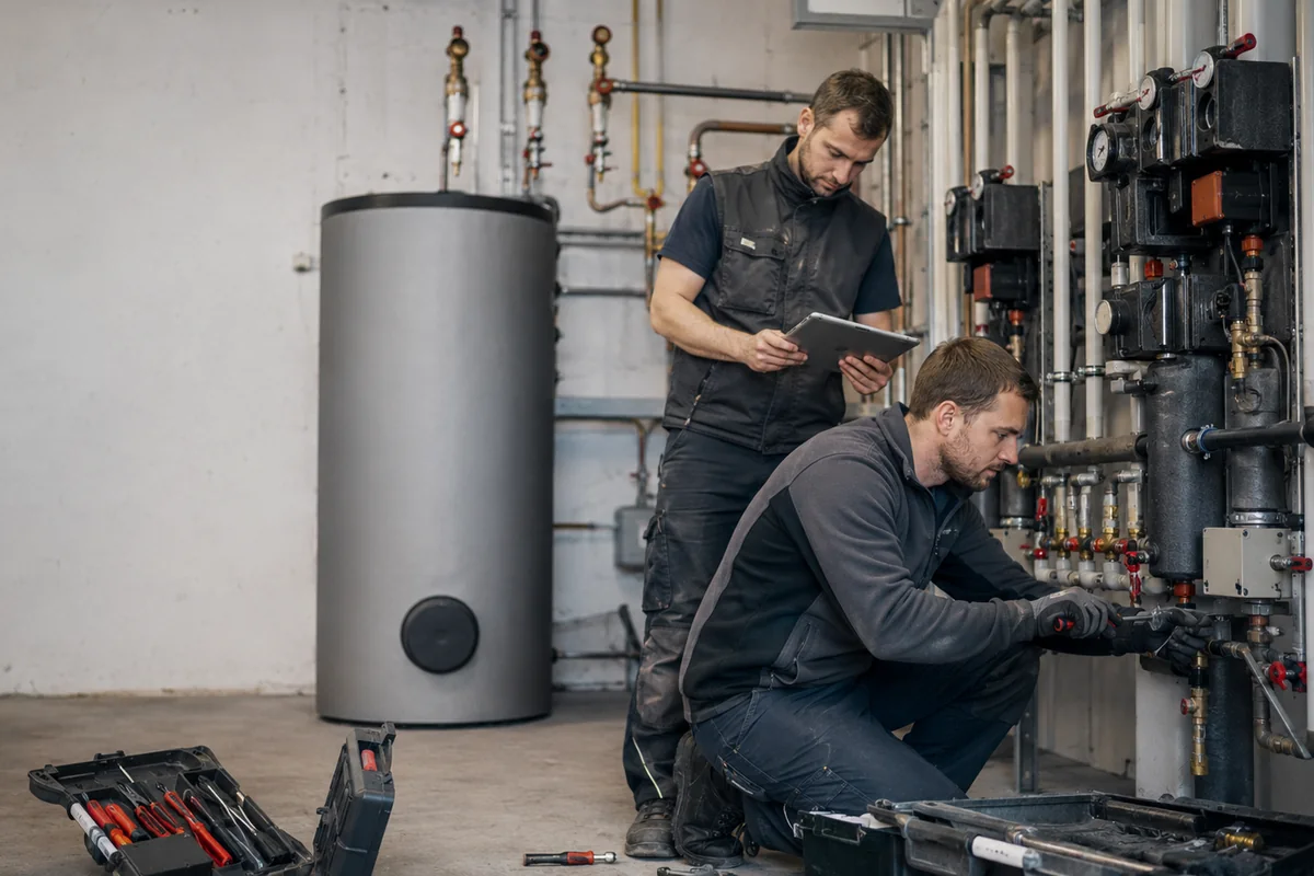 Zwei Installateure arbeiten an einer technischen Anlage in einem Heizraum