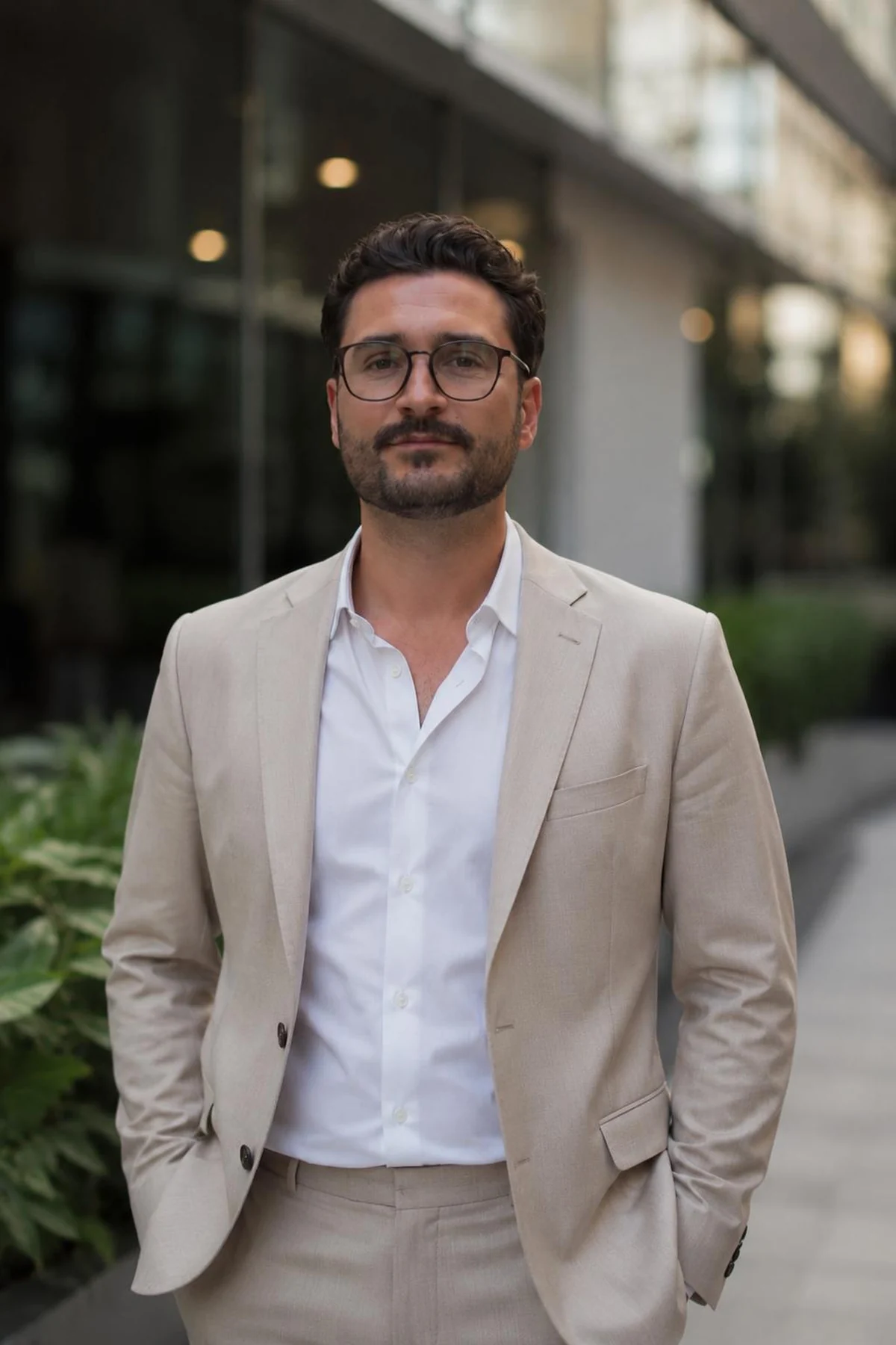 Nedim Bevrnja, Gründer und Fotograf von Kronos Pictures, in einem hellen Anzug vor einem modernen Gebäude