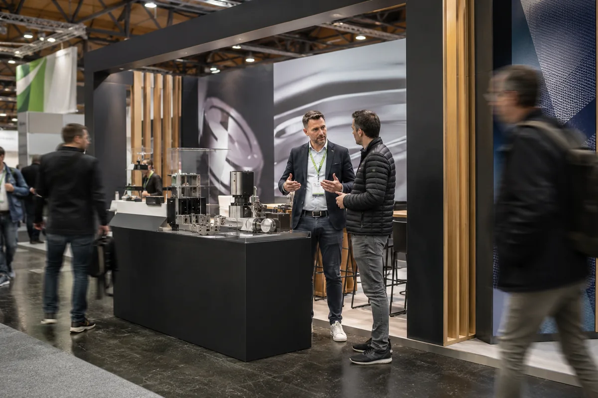 Geschäftsgespräch an einem modernen Messestand mit vorbeigehenden Besuchern